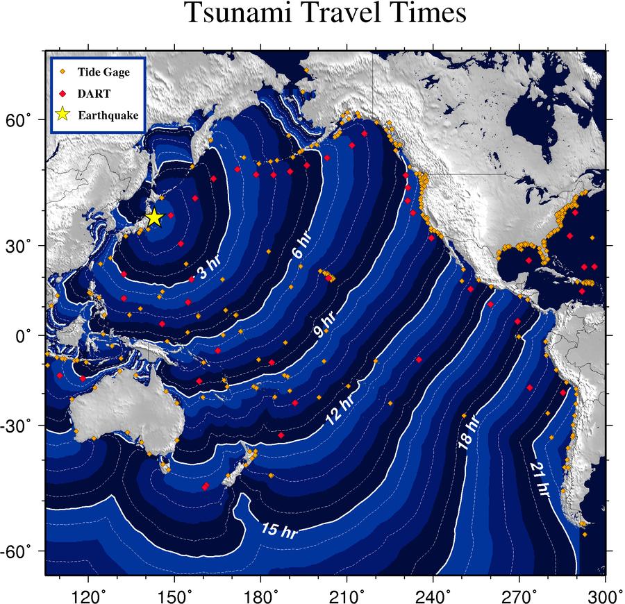 La carte de prévision du déplacement du tsunami © NOAA